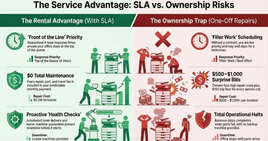 Comparison chart for Kansas City offices showing rental benefits like guaranteed 4-hour response times versus ownership risks like $1,000 surprise repair bills.