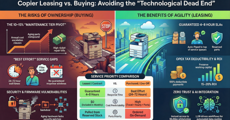 Infographic for Kansas City businesses comparing copier ownership risks like 15% cost escalation versus leasing benefits like 4-8 hour SLAs.