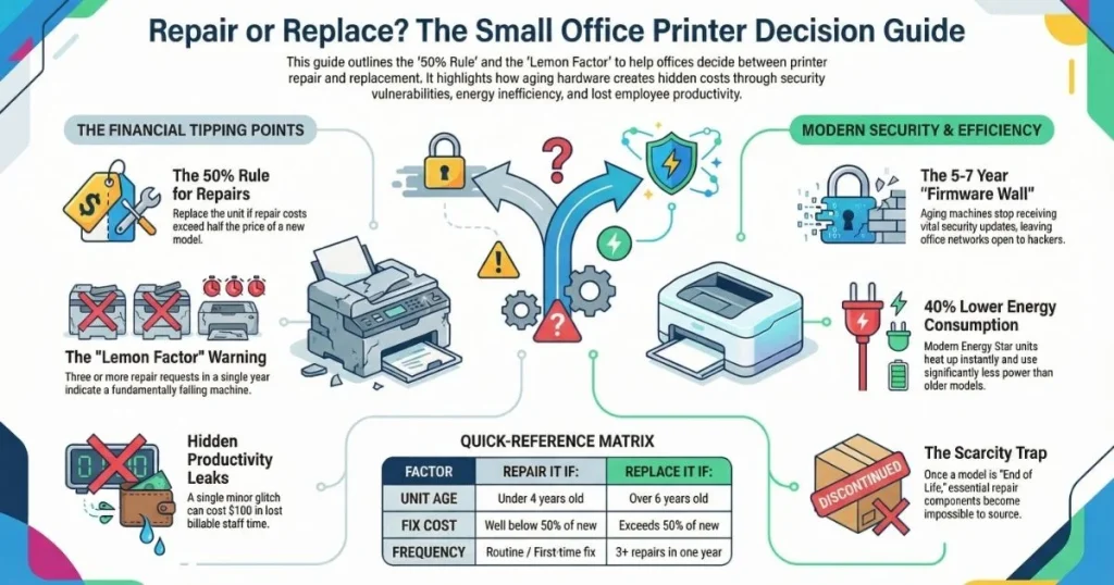 A financial tipping point matrix for Printer Repair in Kansas City businesses, highlighting the scarcity trap and firmware security barriers.