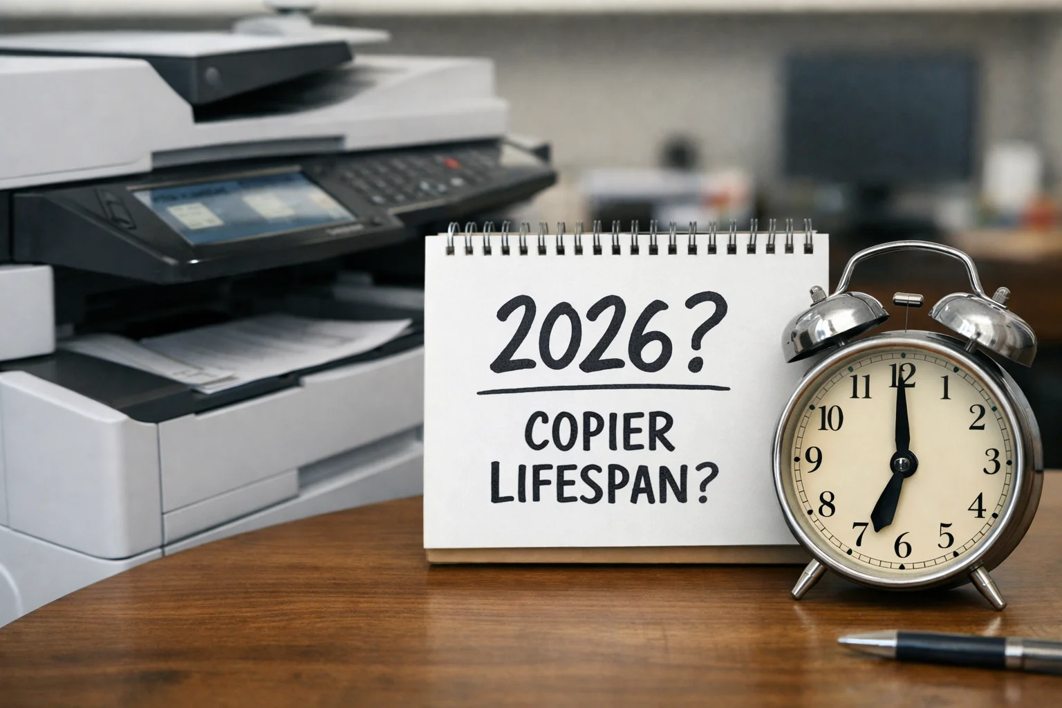 A desktop calendar and alarm clock next to an office copier questioning the average machine lifespan for Kansas City businesses in 2026.