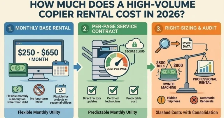 Infographic showing a Kansas City Copier Rental Cost between $250 and $650 per month, featuring flexible monthly subscriptions and no long-term debt.