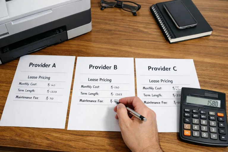 A professional in Kansas City comparing copier lease pricing quotes from three different providers including monthly costs and maintenance fees.