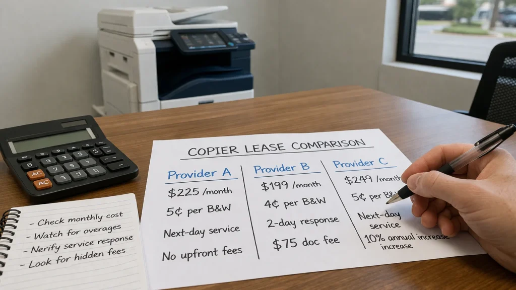 A handwritten checklist highlighting hidden copier lease pricing factors like overages, documentation fees, and annual escalation clauses.