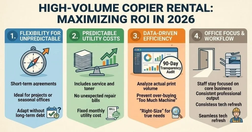 Four-step guide to maximizing ROI and managing Copier Rental Cost in Kansas City through 90-day transparency audits and data-driven efficiency.