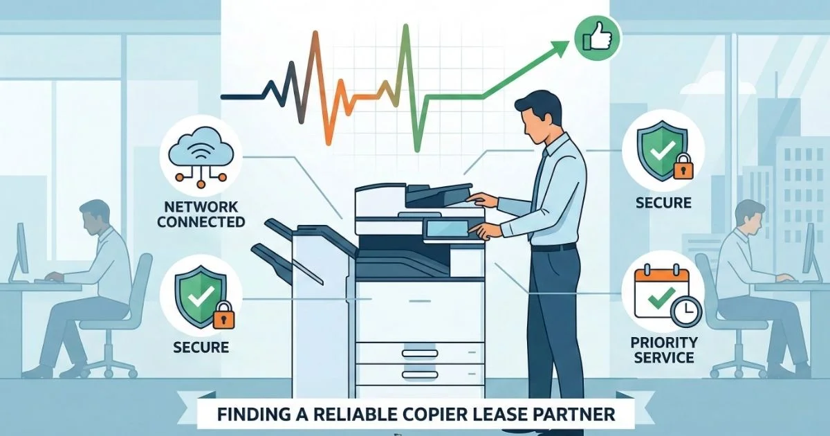 A professional technician providing a Reliable Copier Lease in Kansas City, featuring 4-hour SLAs, secure network connectivity, and priority service.