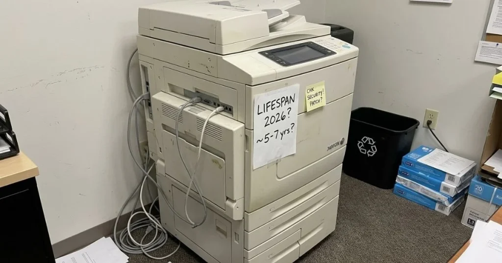 An older Xerox copier in a Kansas City office corner with a handwritten note regarding its 2026 lifespan and security patch requirements.