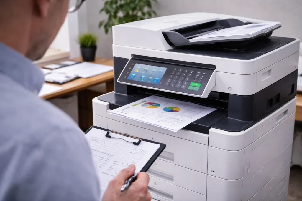 An office worker in Kansas City, MO reviewing high-quality color charts from enterprise-grade multifunction copiers.