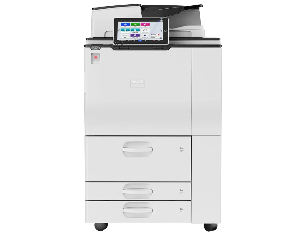 A high-capacity Ricoh multi-function printer receiving professional on-site diagnostic and repair services in a Kansas City corporate office.