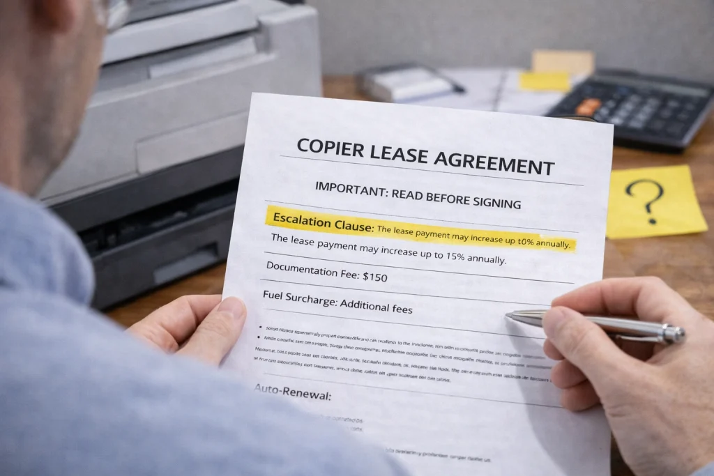 Person reviewing the "Important: Read Before Signing" section of Kansas City Copier Lease Agreements.